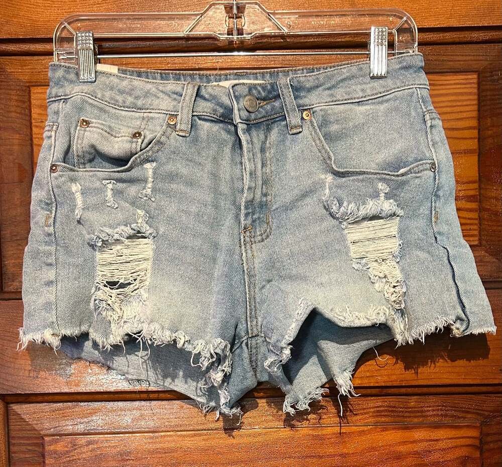 Almost Famous Denim Shorts Size 7 Light Wash Distressed Raw Hem